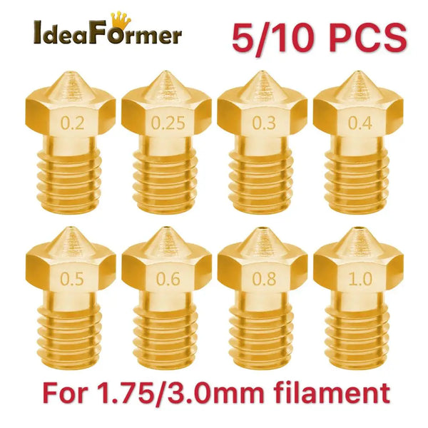 V6 Brass Nozzle Set – 5/10pcs (M6 Thread, 0.2–1.0mm) for 1.75mm Filament | Compatible with V5/V6 Hotends | Printin3D.co