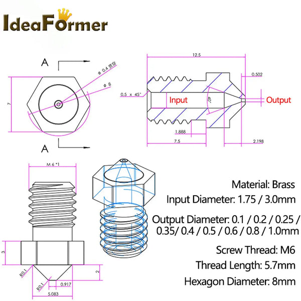 V6 Brass Nozzle Set – 5/10pcs (M6 Thread, 0.2–1.0mm) for 1.75mm Filament | Compatible with V5/V6 Hotends | Printin3D.co